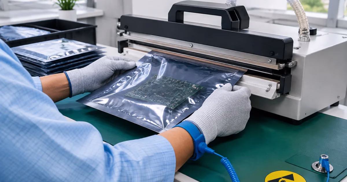 ESD-Safe Vacuum Sealing for Electronics Packaging: What Changed in Materials and Machine Requirements Operator using an ESD-safe vacuum sealer to seal an anti-static barrier bag for electronics components